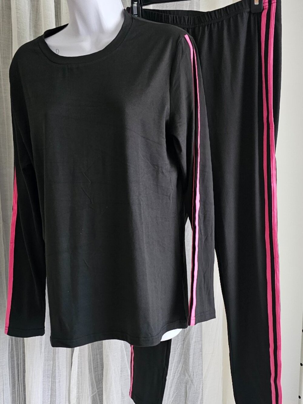 Women's Long Sleeve Gym Running Side Striped Leggings Set Black Pink Size L NEW